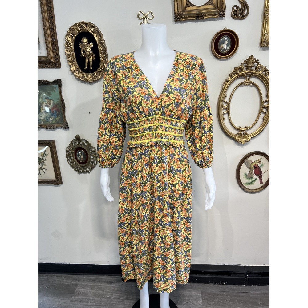 Shoshanna Yellow Multi Floral Print V-Neck Smocked Waist Midi Dress Size 8